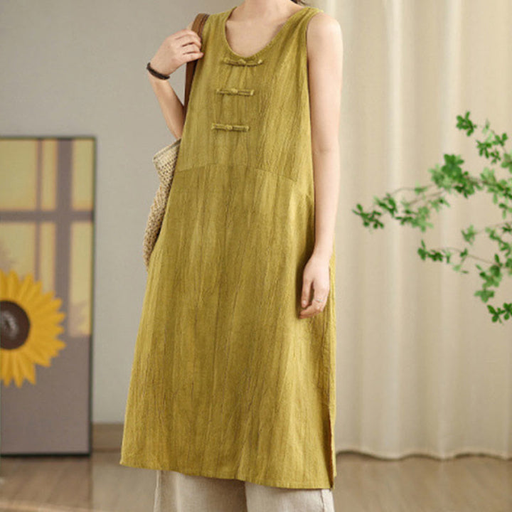 Vestido midi sin mangas de lino ramio con botones de rana y teñido anudado chino con Buddha Stones y bolsillos - image 8