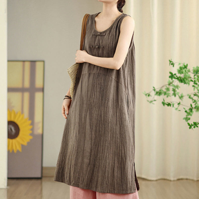 Vestido midi sin mangas de lino ramio con botones de rana y teñido anudado chino con Buddha Stones y bolsillos - Broncearse - US8-10，UK/AU12-14，EU40-42 (2XL) - image 18