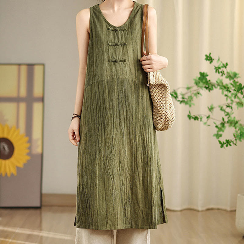 Vestido midi sin mangas de lino ramio con botones de rana y teñido anudado chino con Buddha Stones y bolsillos - image 4