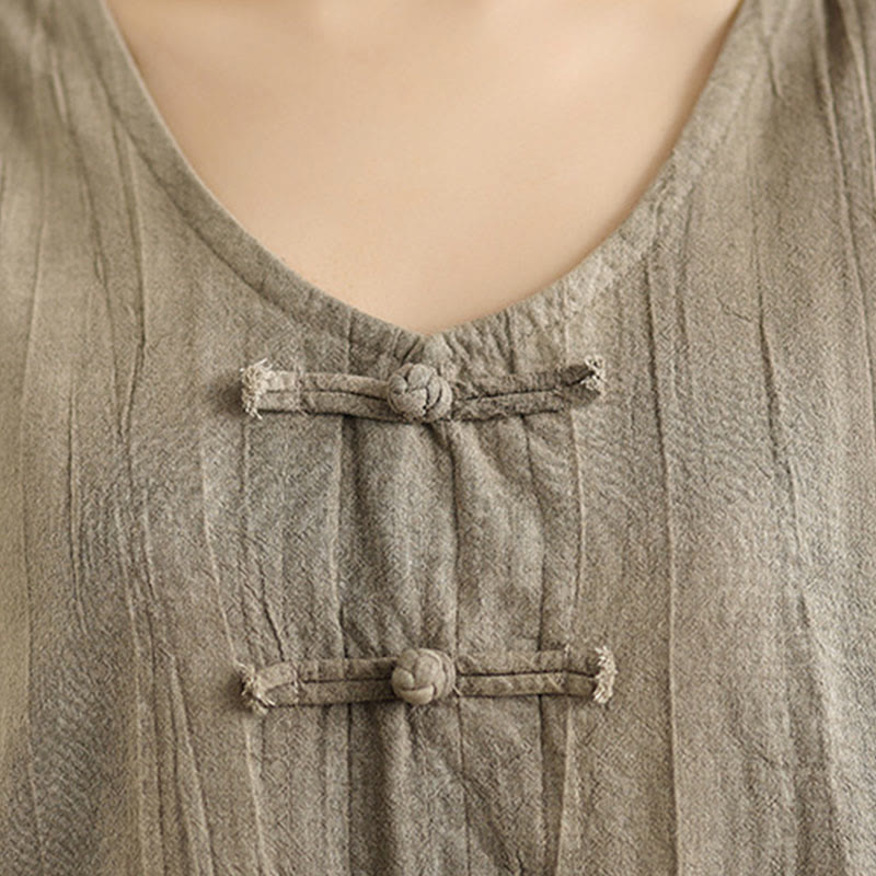 Vestido midi sin mangas de lino ramio con botones de rana y teñido anudado chino con Buddha Stones y bolsillos - image 14