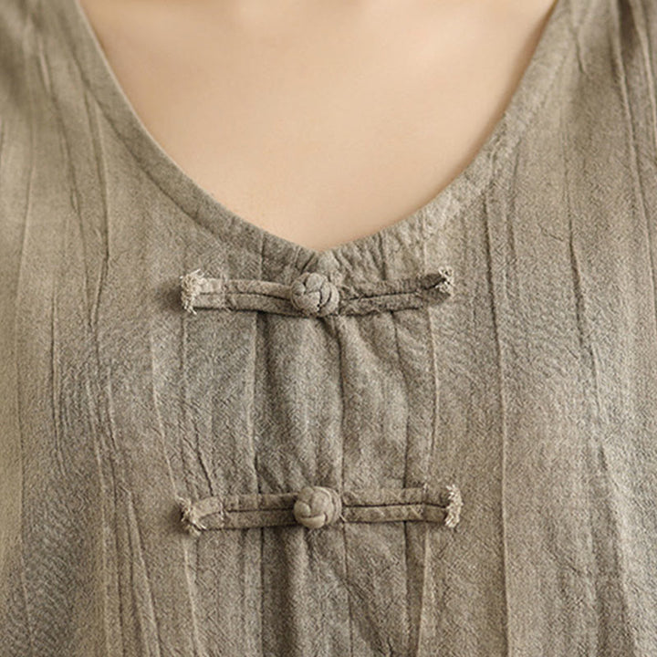 Vestido midi sin mangas de lino ramio con botones de rana y teñido anudado chino con Buddha Stones y bolsillos - image 14