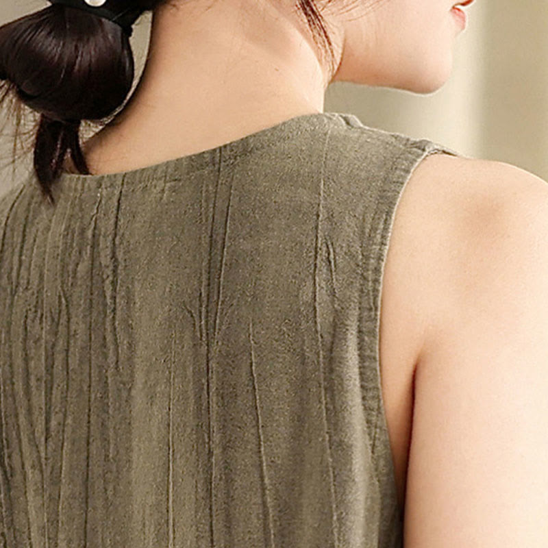 Vestido midi sin mangas de lino ramio con botones de rana y teñido anudado chino con Buddha Stones y bolsillos - image 15