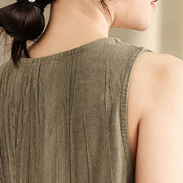 Vestido midi sin mangas de lino ramio con botones de rana y teñido anudado chino con Buddha Stones y bolsillos - image 15