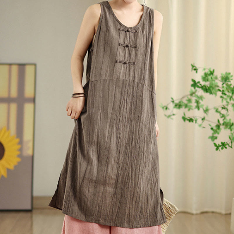 Vestido midi sin mangas de lino ramio con botones de rana y teñido anudado chino con Buddha Stones y bolsillos - image 20