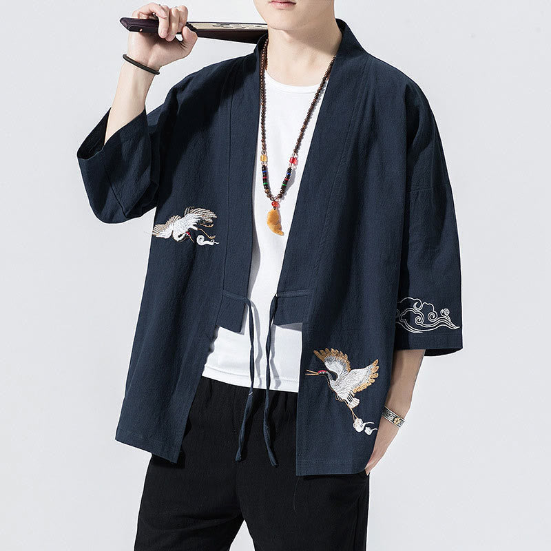 Chaqueta de hombre con bordado de Buddha Stones y frente abierto, estilo kimono de manga tres cuartos. - Marina de guerra - US/UK/AU46, EU56 (5XL) - image 0