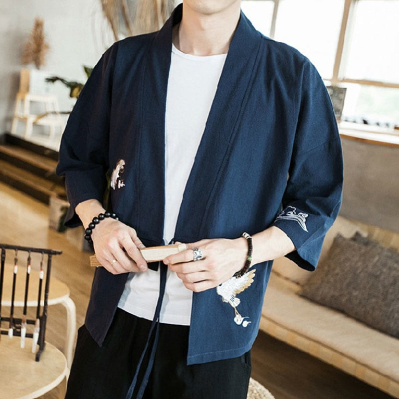 Chaqueta tipo kimono de algodón y lino con bordado de Buddha Stones y manga tres cuartos para hombre - image 1