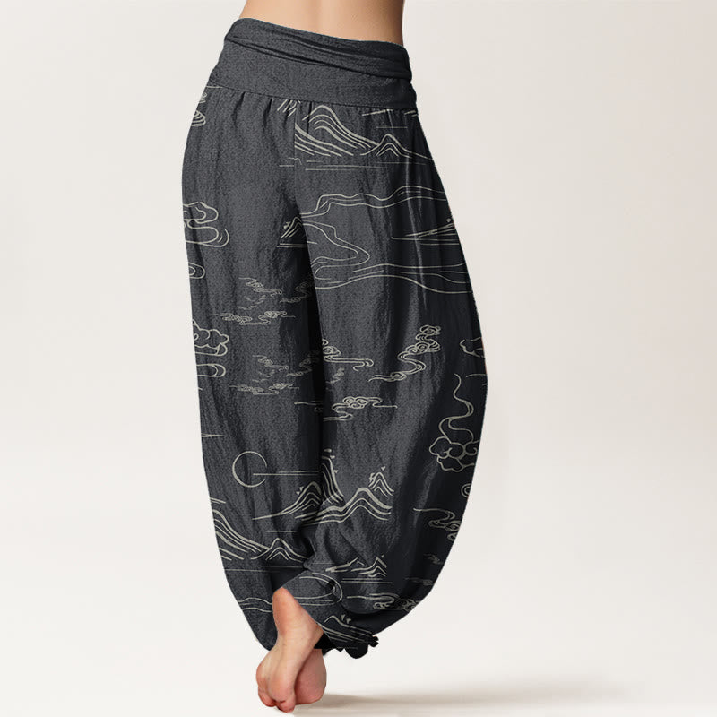 Pantalones harén de algodón puro con diseño de Buddha Stones, montaña, luna y nubes auspiciosas para mujer, con cintura elástica - image 1