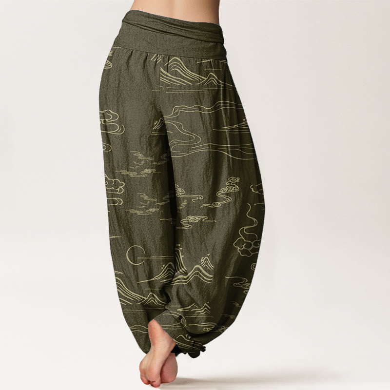 Pantalones harén de algodón puro con diseño de Buddha Stones, montaña, luna y nubes auspiciosas para mujer, con cintura elástica - image 12