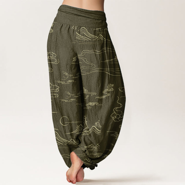 Pantalones harén de algodón puro con diseño de Buddha Stones, montaña, luna y nubes auspiciosas para mujer, con cintura elástica - image 12