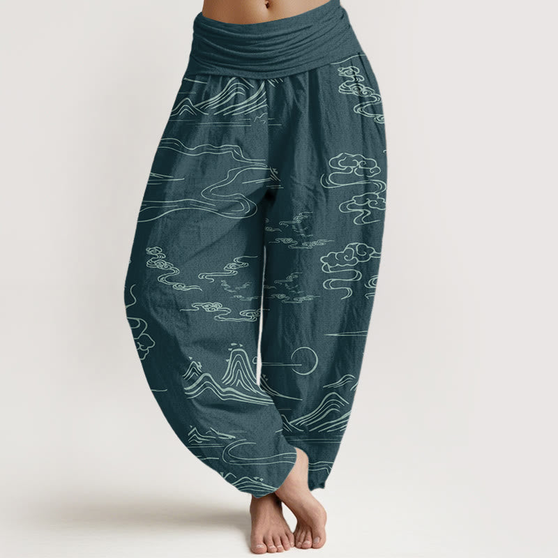 Pantalones harén de algodón puro con diseño de Buddha Stones, montaña, luna y nubes auspiciosas para mujer, con cintura elástica - Cian oscuro - US22，UK/AU26，EU54 (6XL) - image 14