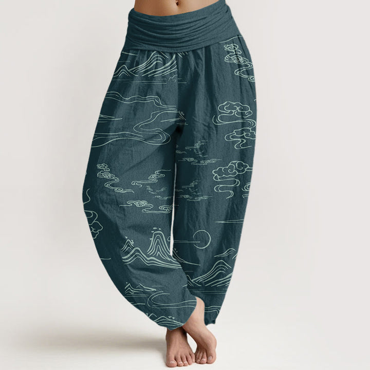 Pantalones harén de algodón puro con diseño de Buddha Stones, montaña, luna y nubes auspiciosas para mujer, con cintura elástica - Cian oscuro - US22，UK/AU26，EU54 (6XL) - image 8