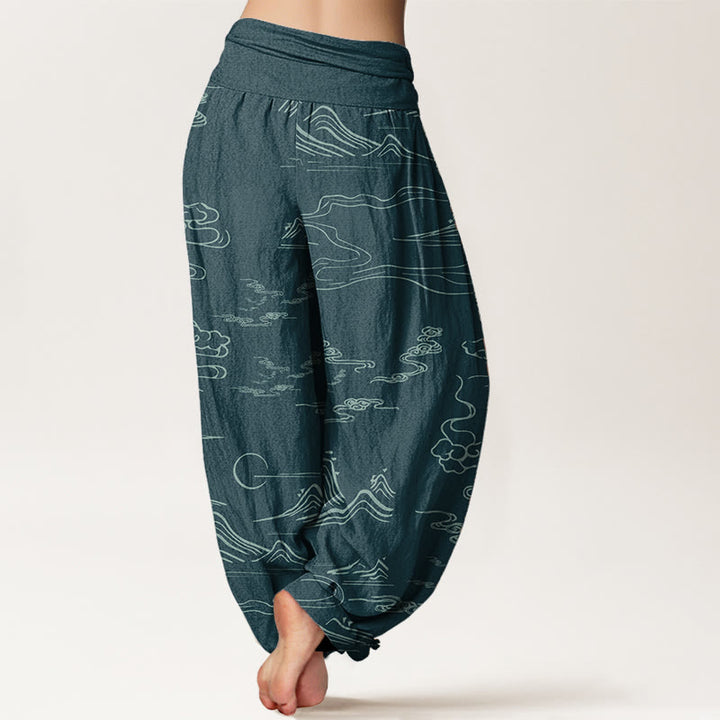 Pantalones harén de algodón puro con diseño de Buddha Stones, montaña, luna y nubes auspiciosas para mujer, con cintura elástica - image 15
