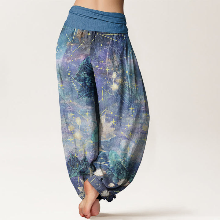 Pantalones Buddha Stones de algodón puro con estampado de peces koi, loto, luna y estrellas para mujer, con cintura elástica