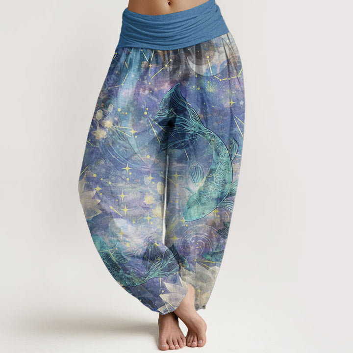 Pantalones Buddha Stones de algodón puro con estampado de peces koi, loto, luna y estrellas para mujer, con cintura elástica