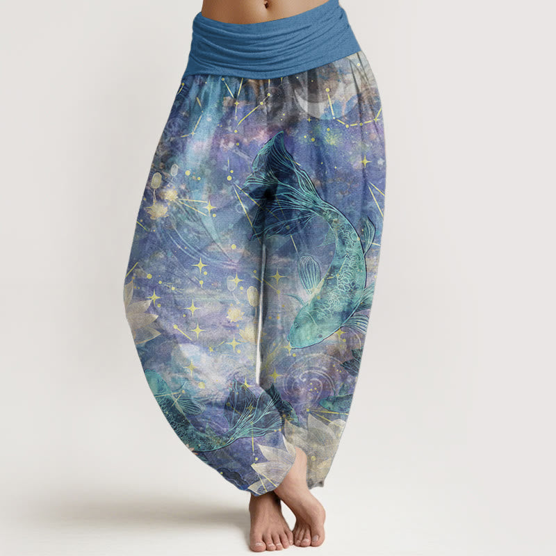 Pantalones Buddha Stones de algodón puro con estampado de peces koi, loto, luna y estrellas para mujer, con cintura elástica - Azul cielo claro - US22，UK/AU26，EU54 (6XL) - image 0