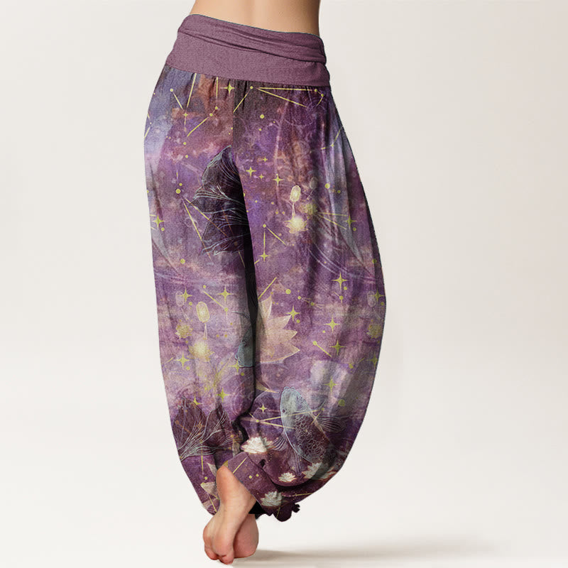 Pantalones Buddha Stones de algodón puro con estampado de peces koi, loto, luna y estrellas para mujer, con cintura elástica - image 6