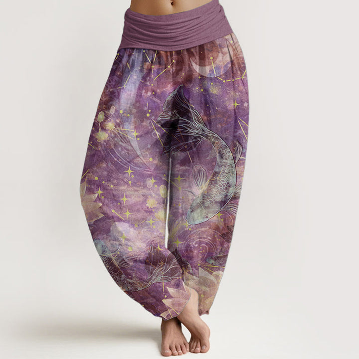 Pantalones Buddha Stones de algodón puro con estampado de peces koi, loto, luna y estrellas para mujer, con cintura elástica - Ciruela - US22，UK/AU26，EU54 (6XL) - image 5