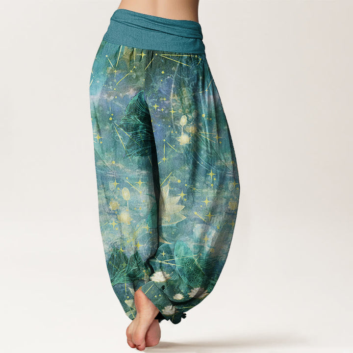 Pantalones Buddha Stones de algodón puro con estampado de peces koi, loto, luna y estrellas para mujer, con cintura elástica
