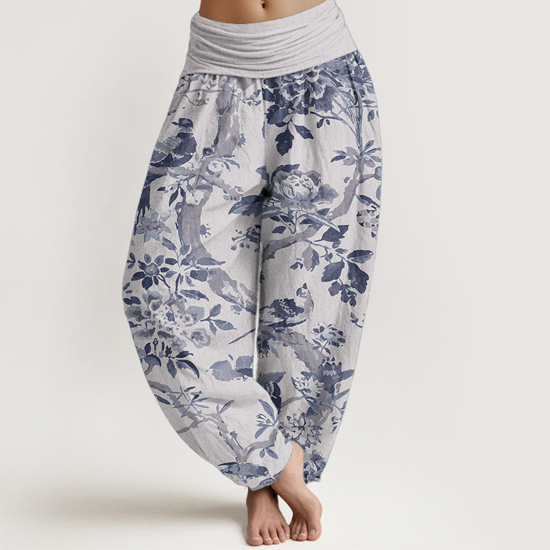 Pantalones harén de algodón puro con diseño de pájaros , ramas y flores para mujer, con cintura elástica - Humo blanco - US22，UK/AU26，EU54 (6XL) - image 8