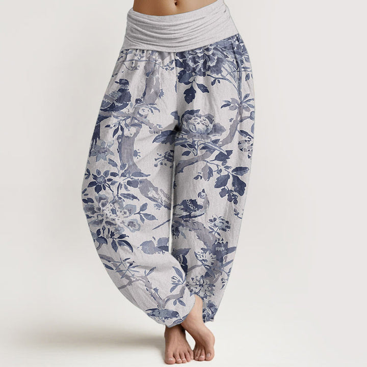 Pantalones harén de algodón puro con diseño de pájaros , ramas y flores para mujer, con cintura elástica - Humo blanco - US22，UK/AU26，EU54 (6XL) - image 8