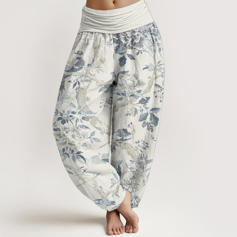 Pantalones harén de algodón puro con diseño de pájaros , ramas y flores para mujer, con cintura elástica - seda de maíz - US22，UK/AU26，EU54 (6XL) - image 0