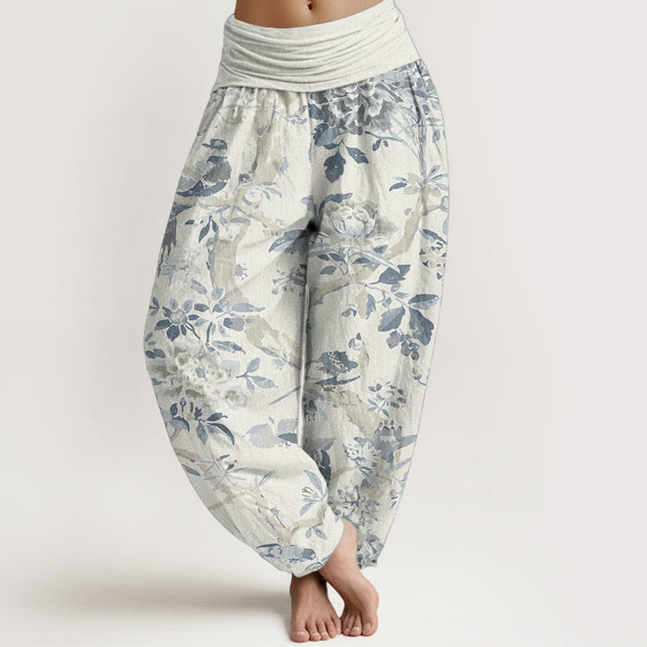 Pantalones harén de algodón puro con diseño de pájaros , ramas y flores para mujer, con cintura elástica - seda de maíz - US22，UK/AU26，EU54 (6XL) - image 0