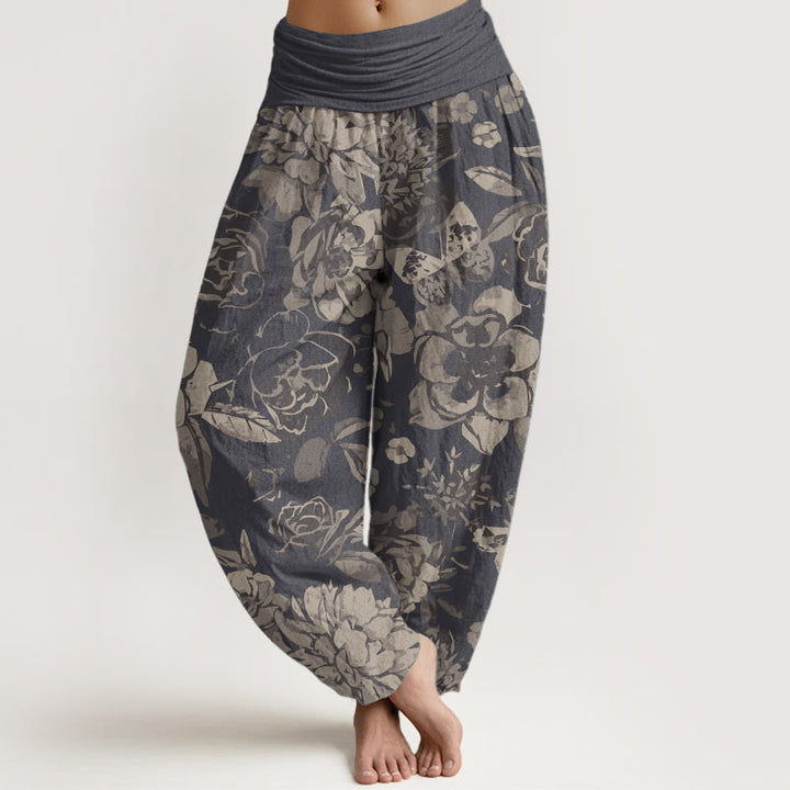 Pantalones Buddha Stones de algodón puro con estampado de peonías y hojas para mujer, con cintura elástica - Gris oscuro - US22，UK/AU26，EU54 (6XL) - image 0