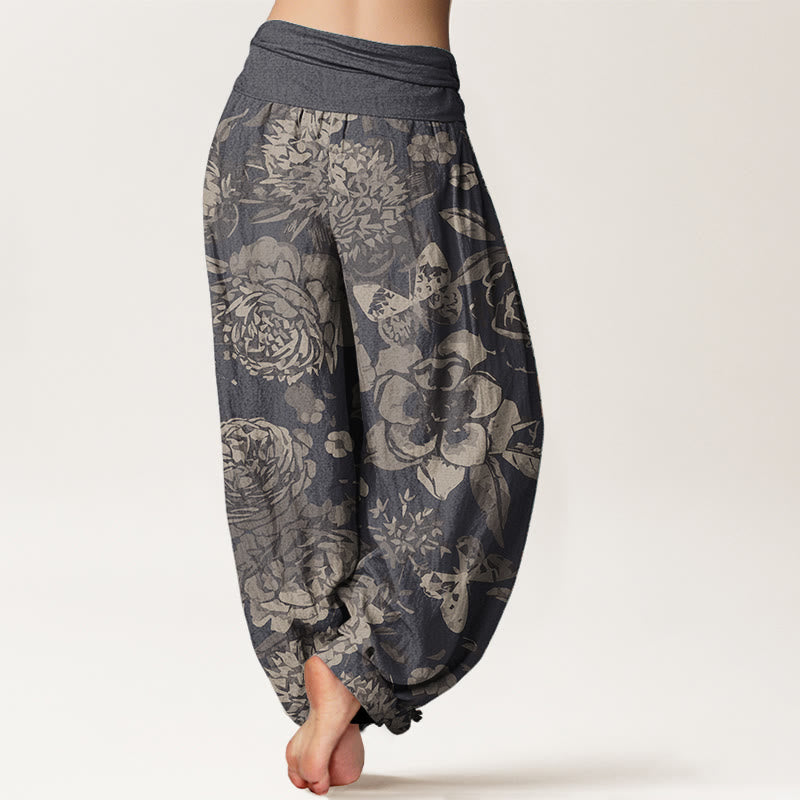 Pantalones Buddha Stones de algodón puro con estampado de peonías y hojas para mujer, con cintura elástica - image 1