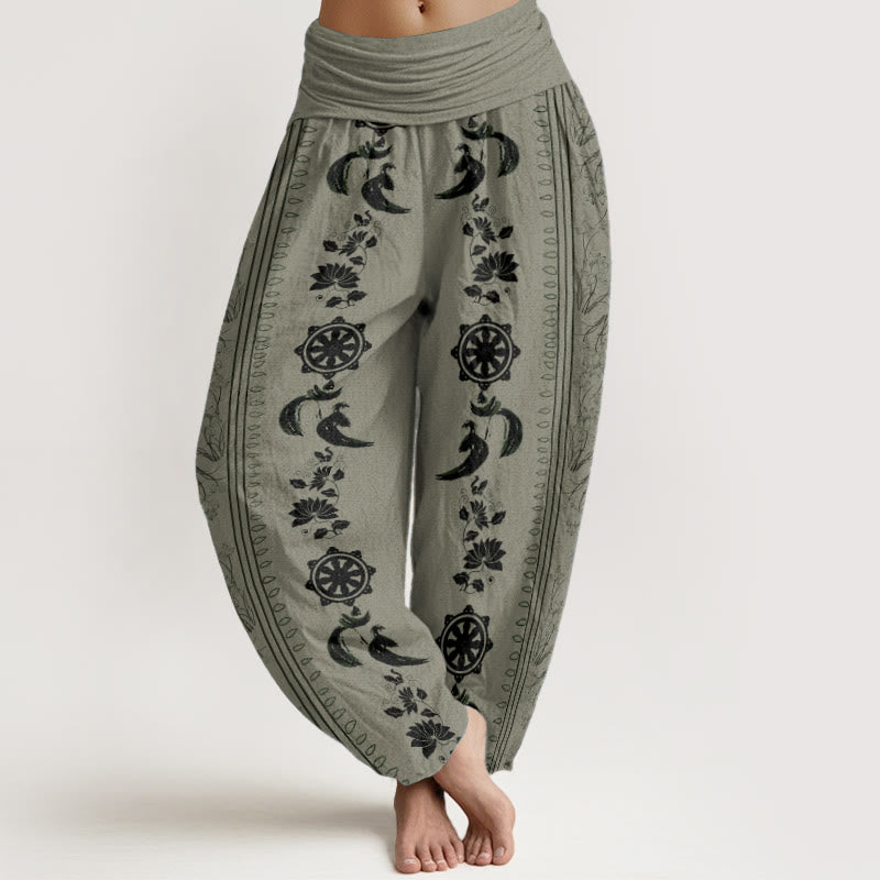 Pantalones Buddha Stones de algodón puro con diseño de rueda del Dharma y loto OM para mujer, con cintura elástica - Verde mar oscuro - US22，UK/AU26，EU54 (6XL) - image 5