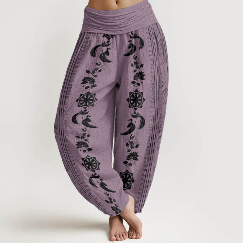 Pantalones Buddha Stones de algodón puro con diseño de rueda del Dharma y loto OM para mujer, con cintura elástica - Violeta - US22，UK/AU26，EU54 (6XL) - image 8