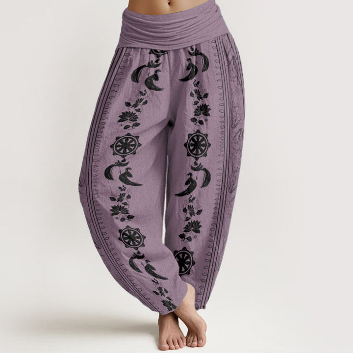 Pantalones Buddha Stones de algodón puro con diseño de rueda del Dharma y loto OM para mujer, con cintura elástica - Violeta - US22，UK/AU26，EU54 (6XL) - image 8