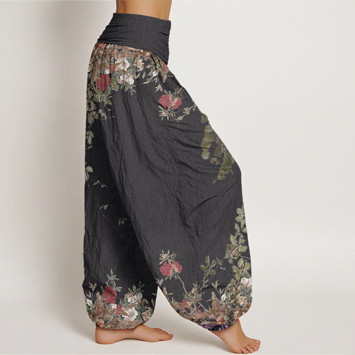 Pantalones Buddha Stones de algodón puro con diseño de peonías rojas y cintura elástica para mujer - image 2