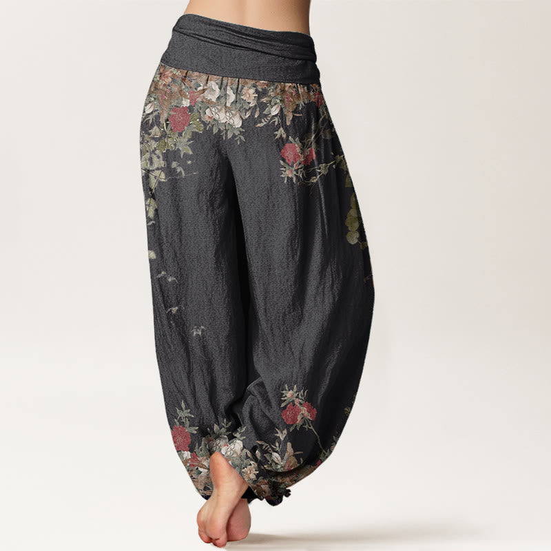 Pantalones Buddha Stones de algodón puro con diseño de peonías rojas y cintura elástica para mujer - image 1