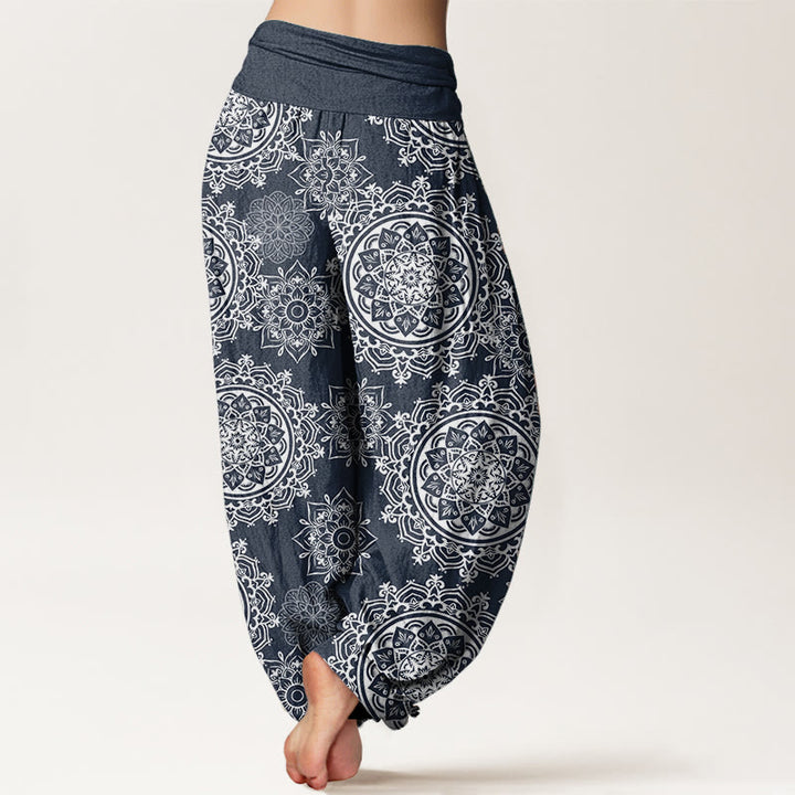Pantalones harén de algodón puro con diseño de mandala blanco y flores de Buddha Stones para mujer, cintura elástica - image 10