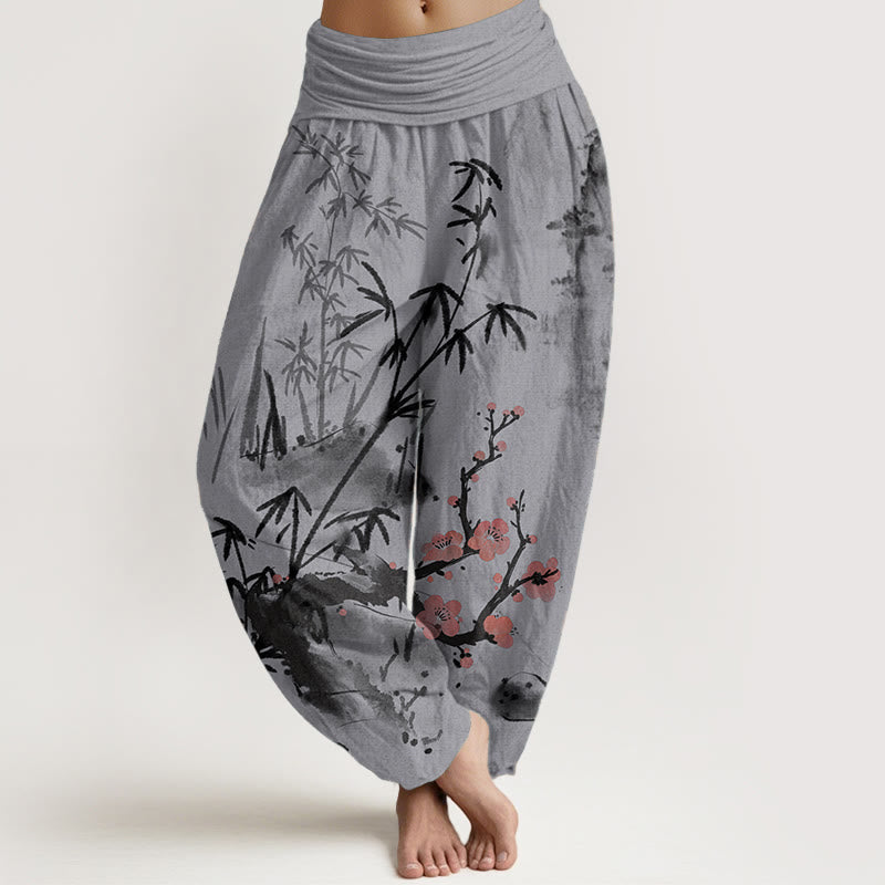 Pantalones harén de cintura elástica para mujer, con estampado de orquídeas, crisantemos, flores de ciruelo y algodón puro de Buddha Stones - Cardo - US22，UK/AU26，EU54 (6XL) - image 8