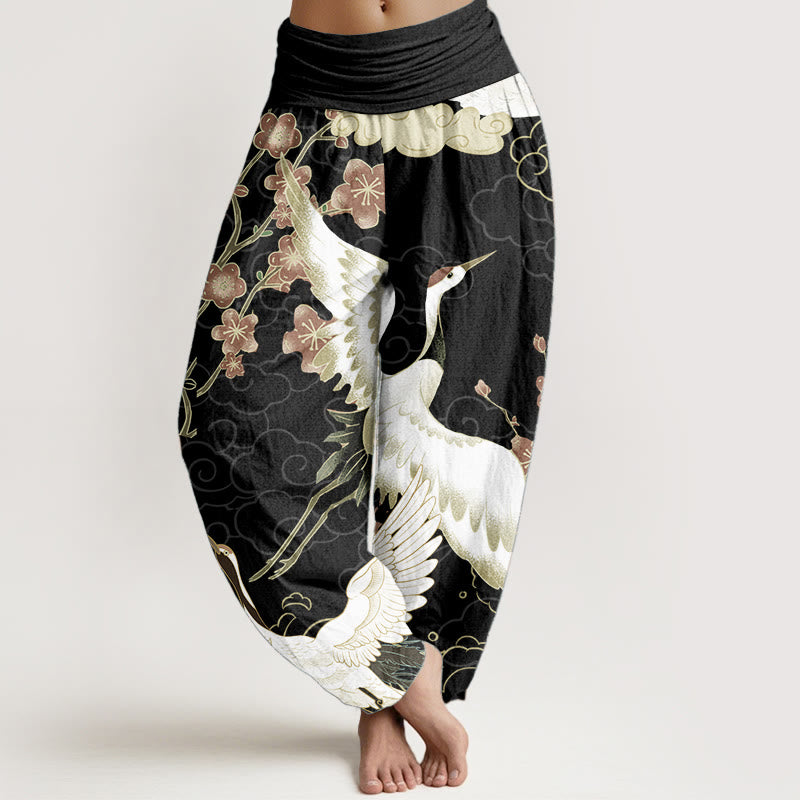 Pantalones Buddha Stones de algodón puro con diseño de grullas, flores y nubes auspiciosas para mujer, con cintura elástica - Negro - US22，UK/AU26，EU54 (6XL) - image 0