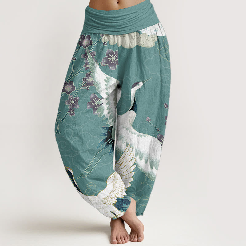 Pantalones Buddha Stones de algodón puro con diseño de grullas, flores y nubes auspiciosas para mujer, con cintura elástica - Turquesa medio - US22，UK/AU26，EU54 (6XL) - image 8