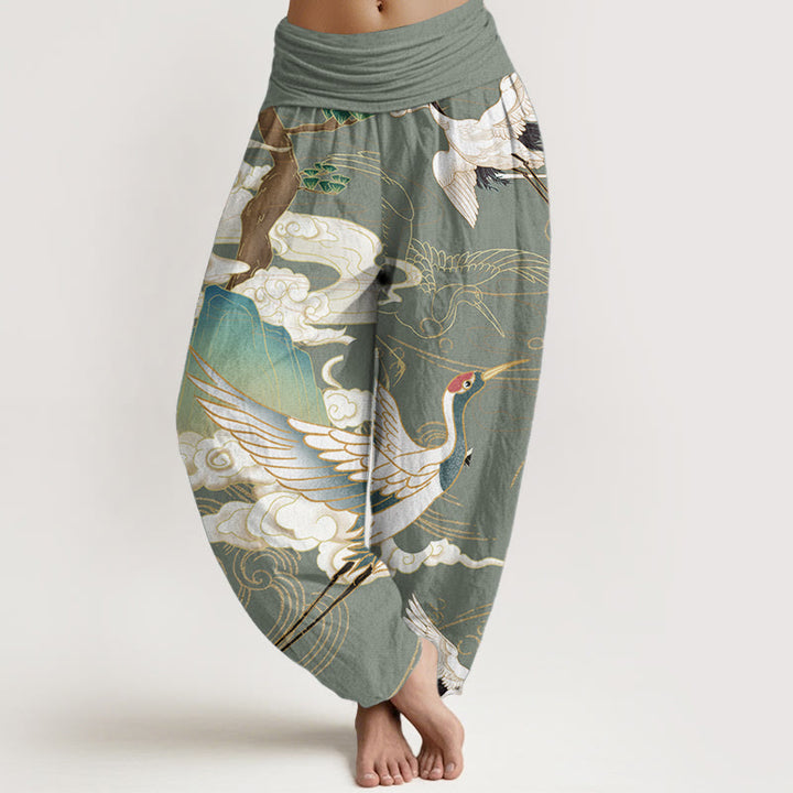 Pantalones harén de cintura elástica para mujer con diseño de grullas voladoras de algodón puro y Buddha Stones , árbol de nubes auspiciosas - Verde mar oscuro - US22，UK/AU26，EU54 (6XL) - image 5