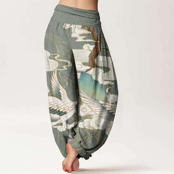 Pantalones harén de cintura elástica para mujer con diseño de grullas voladoras de algodón puro y Buddha Stones , árbol de nubes auspiciosas - image 6