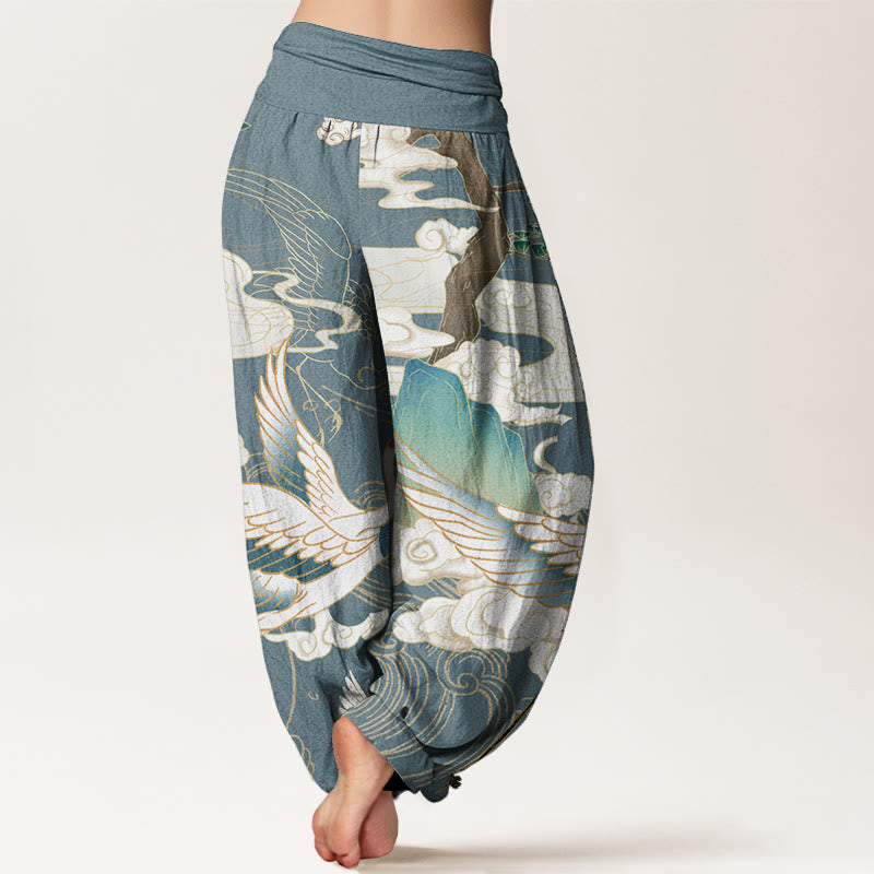 Pantalones harén de cintura elástica para mujer con diseño de grullas voladoras de algodón puro y Buddha Stones , árbol de nubes auspiciosas - image 9