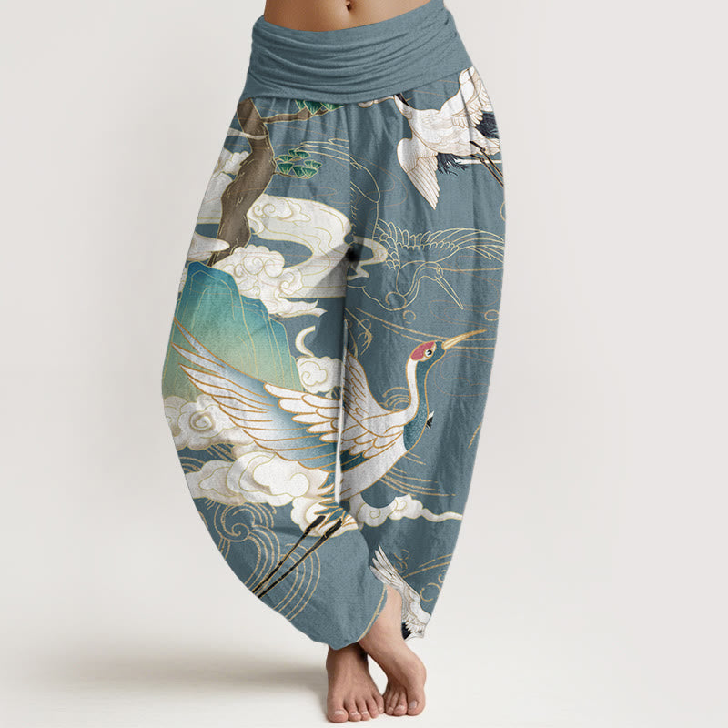 Pantalones harén de cintura elástica para mujer con diseño de grullas voladoras de algodón puro y Buddha Stones , árbol de nubes auspiciosas - Azul claro - US22，UK/AU26，EU54 (6XL) - image 8