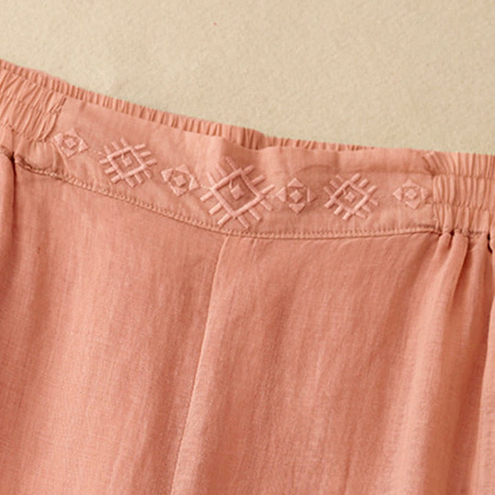 Pantalones anchos de lino y algodón para mujer con cintura elástica y bordado geométrico de Buddha Stones y bolsillos. - image 2