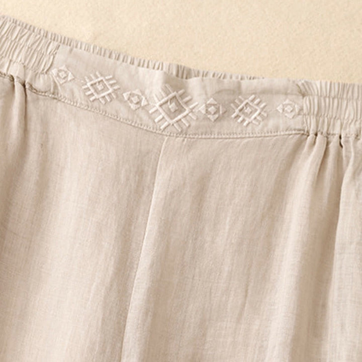 Pantalones anchos de lino y algodón para mujer con cintura elástica y bordado geométrico de Buddha Stones y bolsillos. - image 13