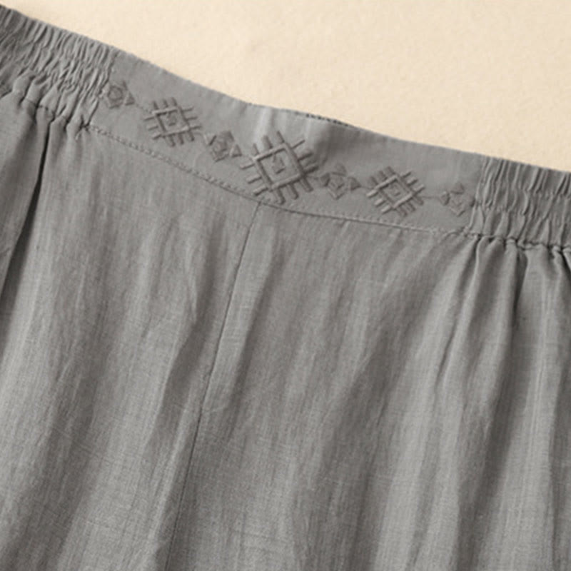 Pantalones anchos de lino y algodón para mujer con cintura elástica y bordado geométrico de Buddha Stones y bolsillos. - image 7