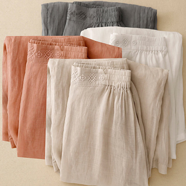 Pantalones anchos de lino y algodón para mujer con cintura elástica y bordado geométrico de Buddha Stones y bolsillos. - image 1