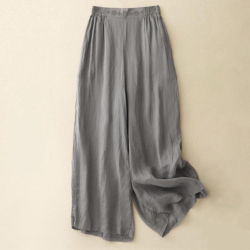 Pantalones anchos de lino y algodón para mujer con cintura elástica y bordado geométrico de Buddha Stones y bolsillos. - Gris - US8-10，UK/AU12-14，EU40-42 (2XL) - image 6