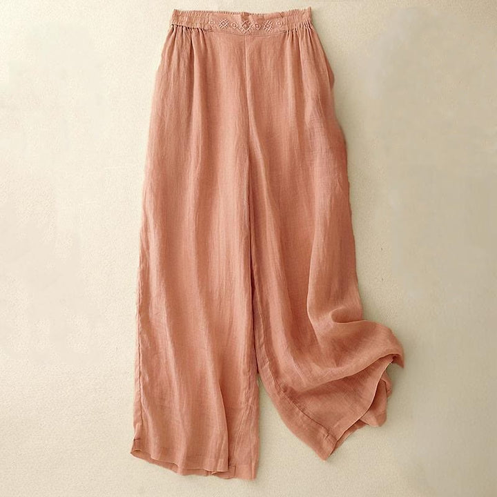 Pantalones anchos de lino y algodón para mujer con cintura elástica y bordado geométrico de Buddha Stones y bolsillos. - Salmón claro - US8-10，UK/AU12-14，EU40-42 (2XL) - image 0
