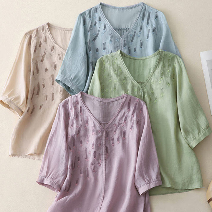 Camisa informal de lino y algodón para mujer con cuello en V, media manga y bordado de estrellas fugaces de Buddha Stones - image 24