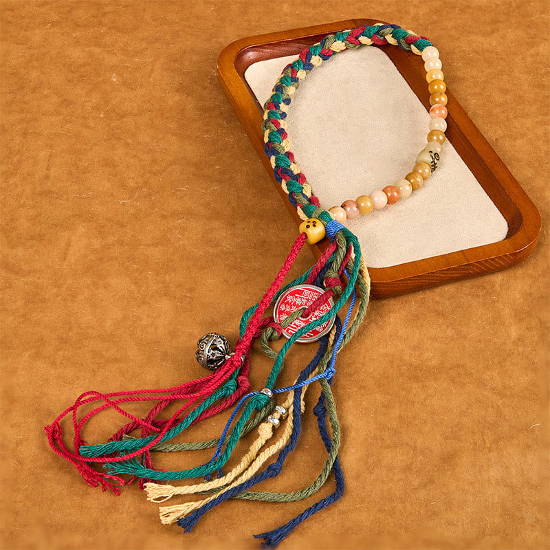Pulsera de borlas de cuerda de color de doble capa de calcedonia colorida con Buddha Stones y fantasmas de montaña tibetanos que gastan dinero