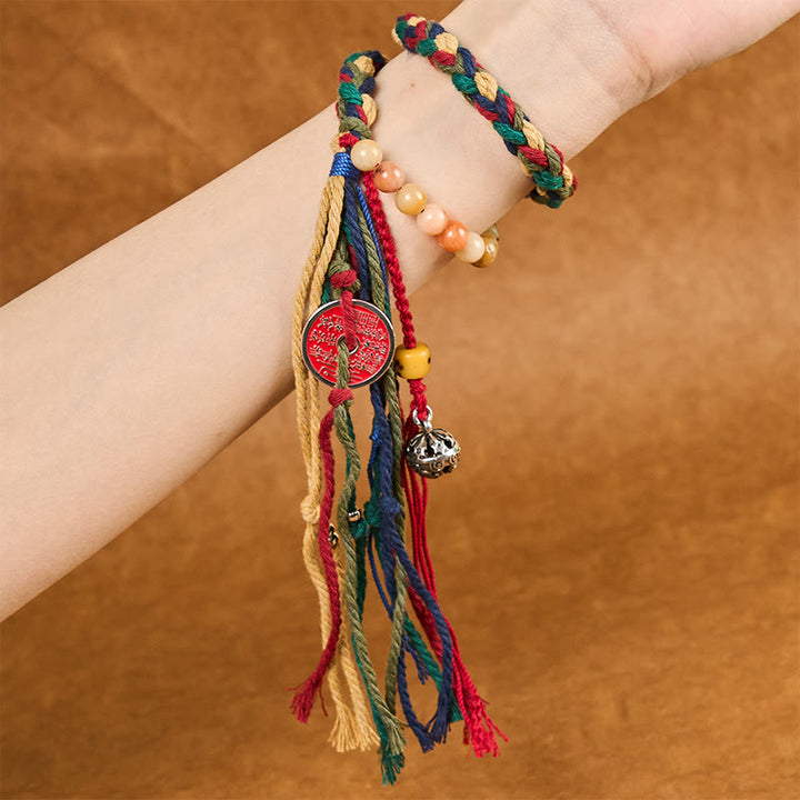 Pulsera de borlas de cuerda de color de doble capa de calcedonia colorida con Buddha Stones y fantasmas de montaña tibetanos que gastan dinero